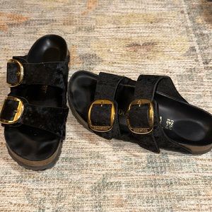 Black Velvet Birkenstock Big Buckle Arizona Slides 37